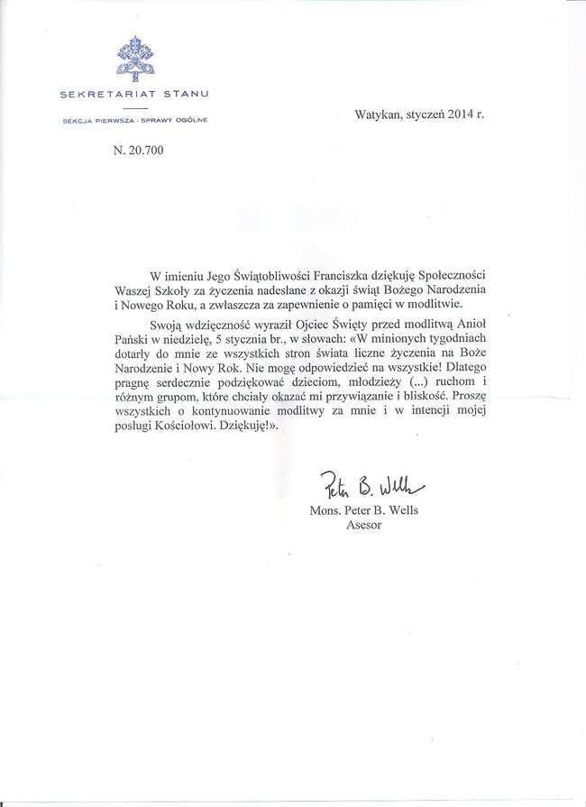 Podziękowanie od papieża Franciszka