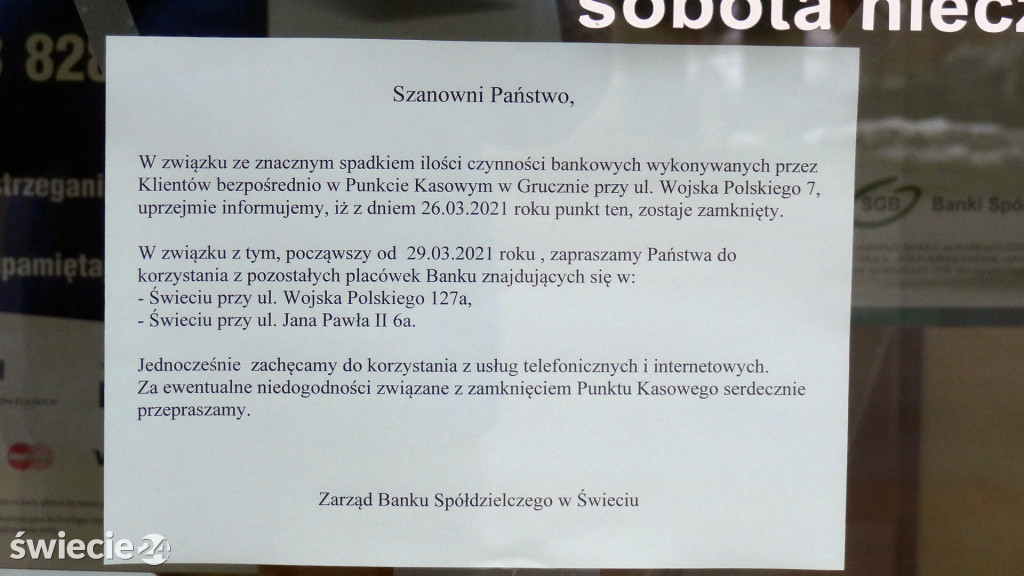 Mieszkańcy Gruczna nie chcą likwidacji punktu kasowego