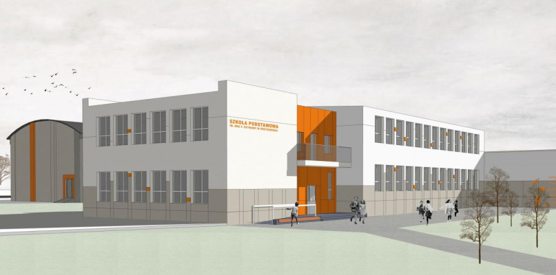 (fot. Wizualizacje planowanej rozbudowy szkoły podstawowej w Przysiersku, projekt elewacji przygotowała firma Kombinat Artystyczny B2)